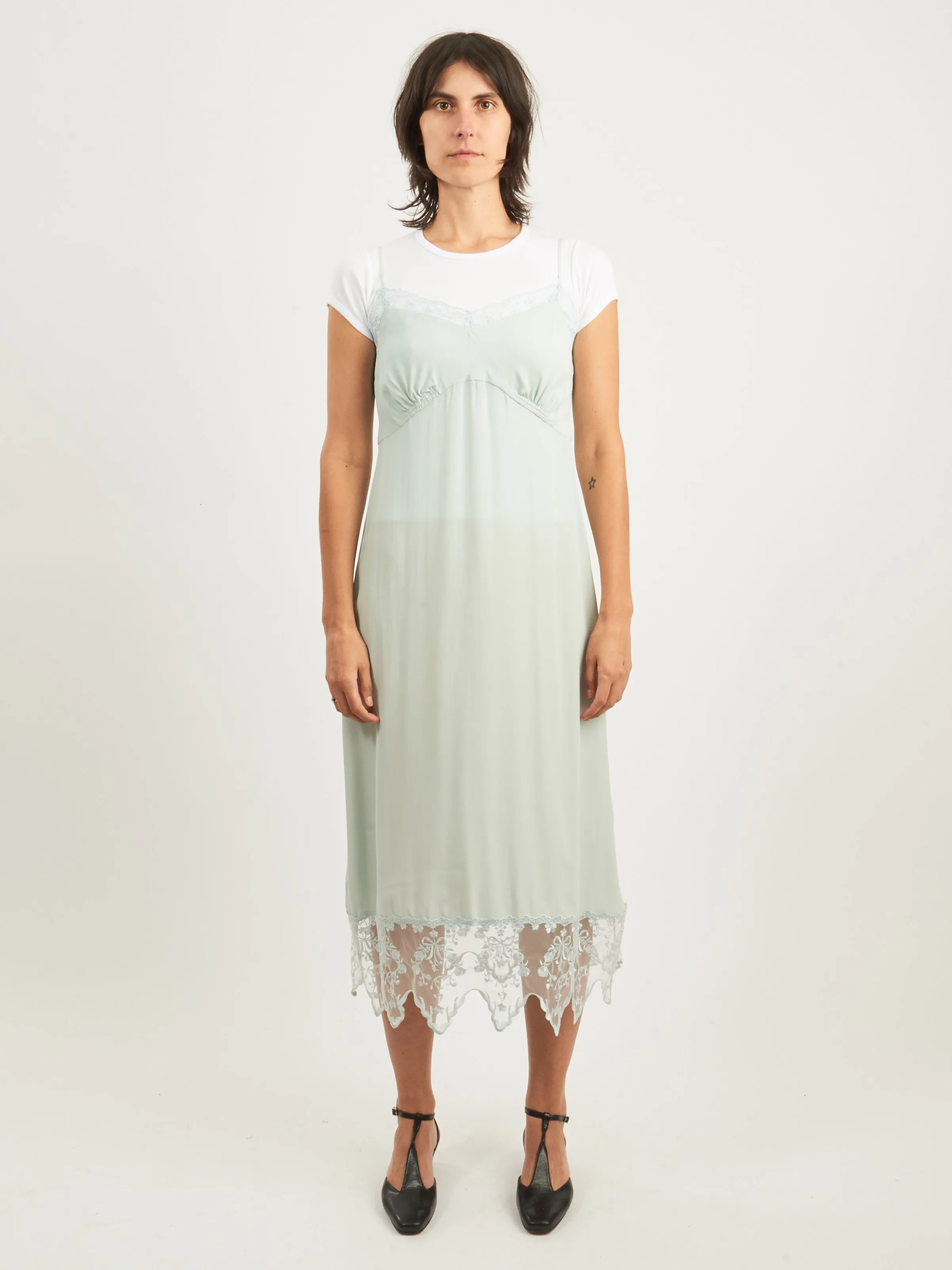 Duck Egg Slip Dress w/ Lace Trim