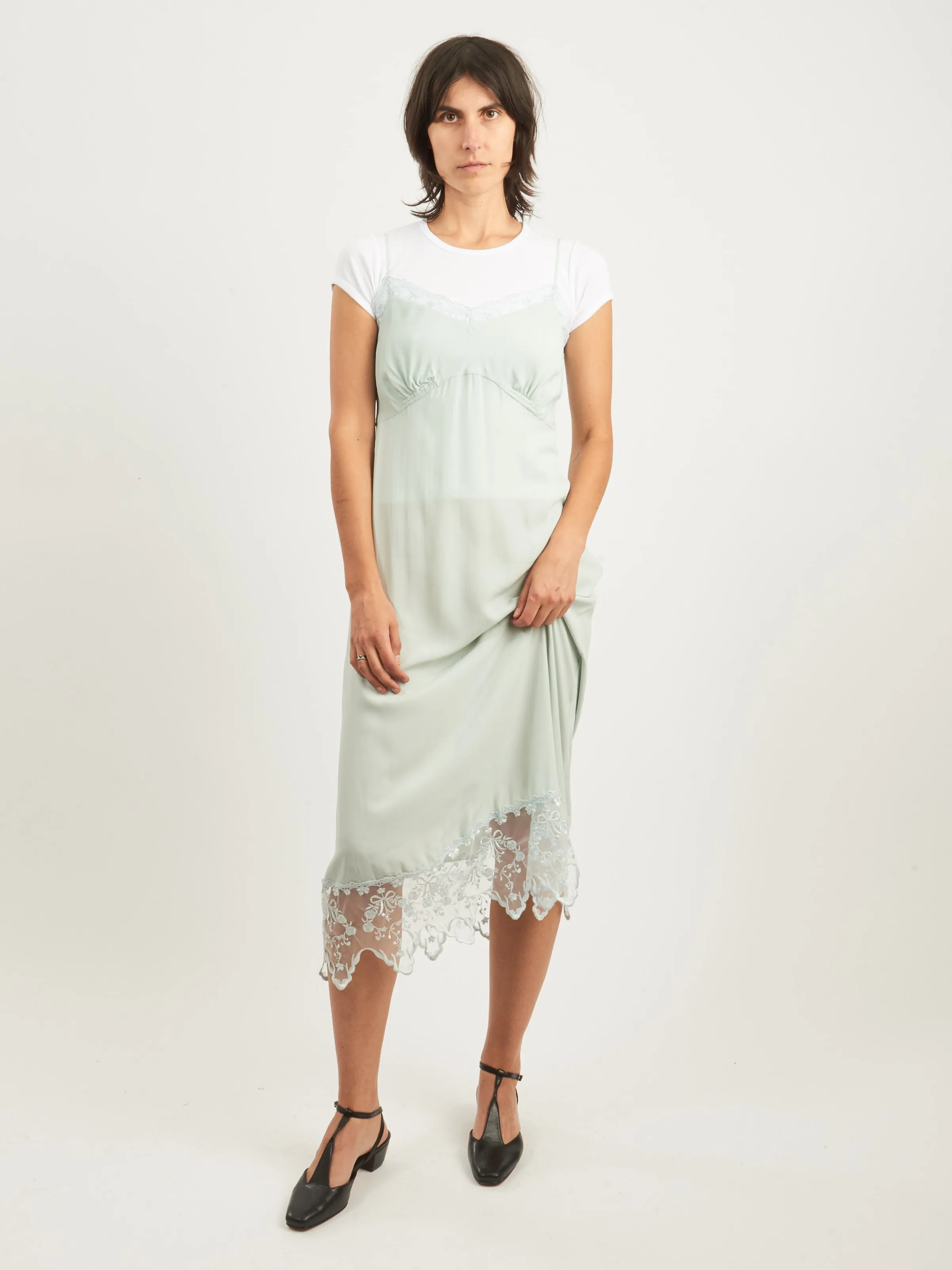 Duck Egg Slip Dress w/ Lace Trim