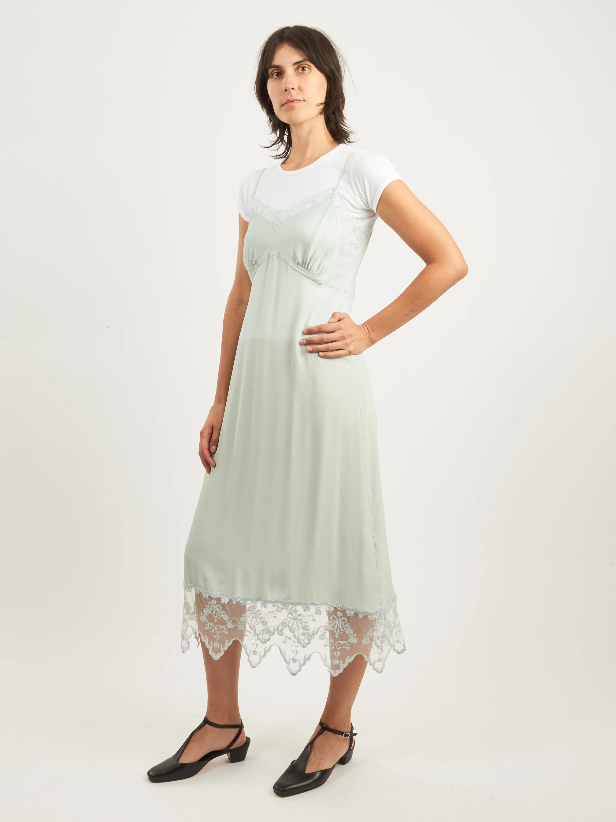 Duck Egg Slip Dress w/ Lace Trim