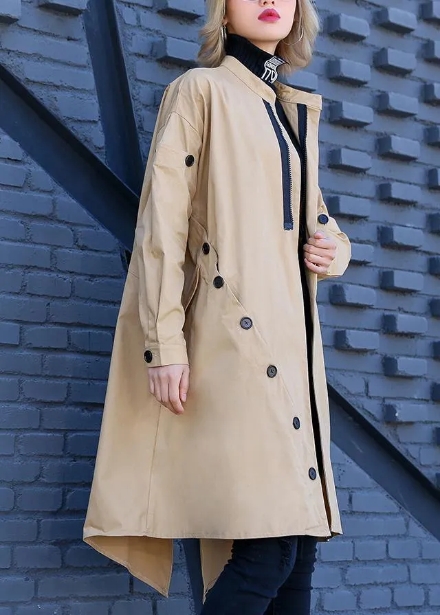 Elegant khaki Coat Women plus size medium length stand collar asymmetric coat