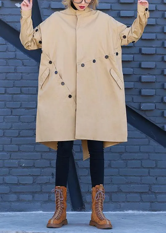 Elegant khaki Coat Women plus size medium length stand collar asymmetric coat