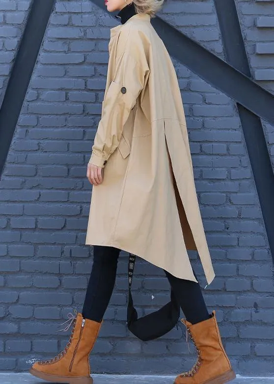 Elegant khaki Coat Women plus size medium length stand collar asymmetric coat