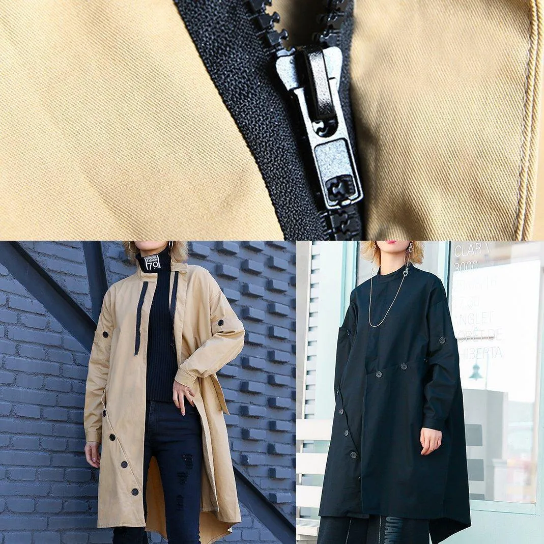 Elegant khaki Coat Women plus size medium length stand collar asymmetric coat