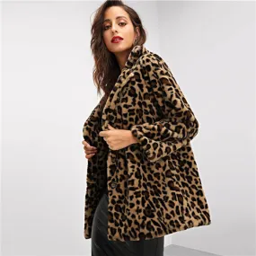 Elegant Leopard Print Faux Fur Coat Women Autumn Winter Jacket Outerwear 2019Warm Soft Overcoat Casual Womens Coats