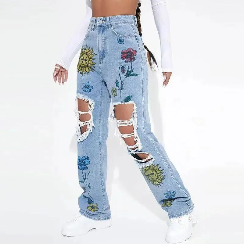 Elyse Floral & Sun Print Ripped Jeans