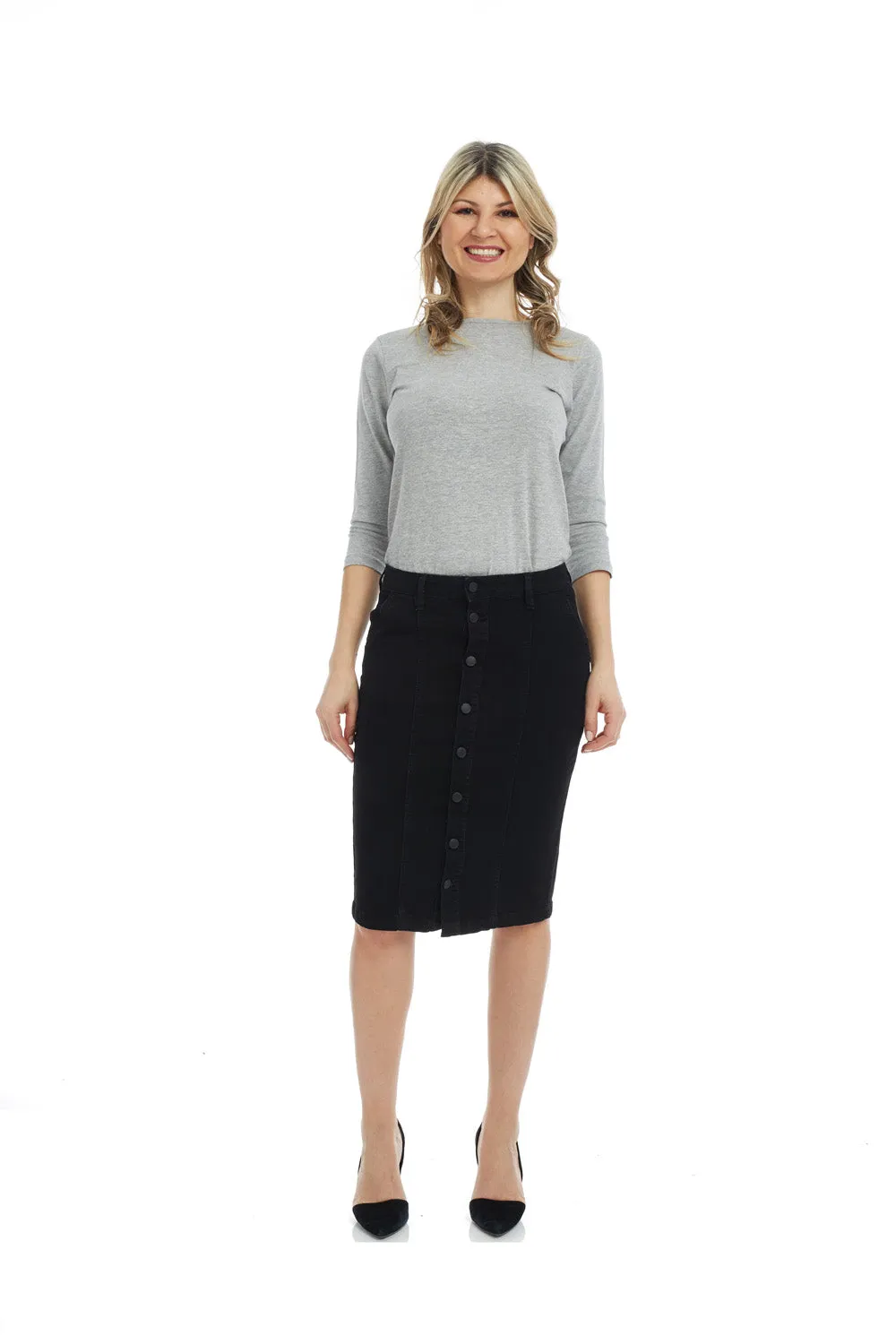 Esteez MONTREAL Denim Skirt - Below the Knee Jean Skirt - BLACK