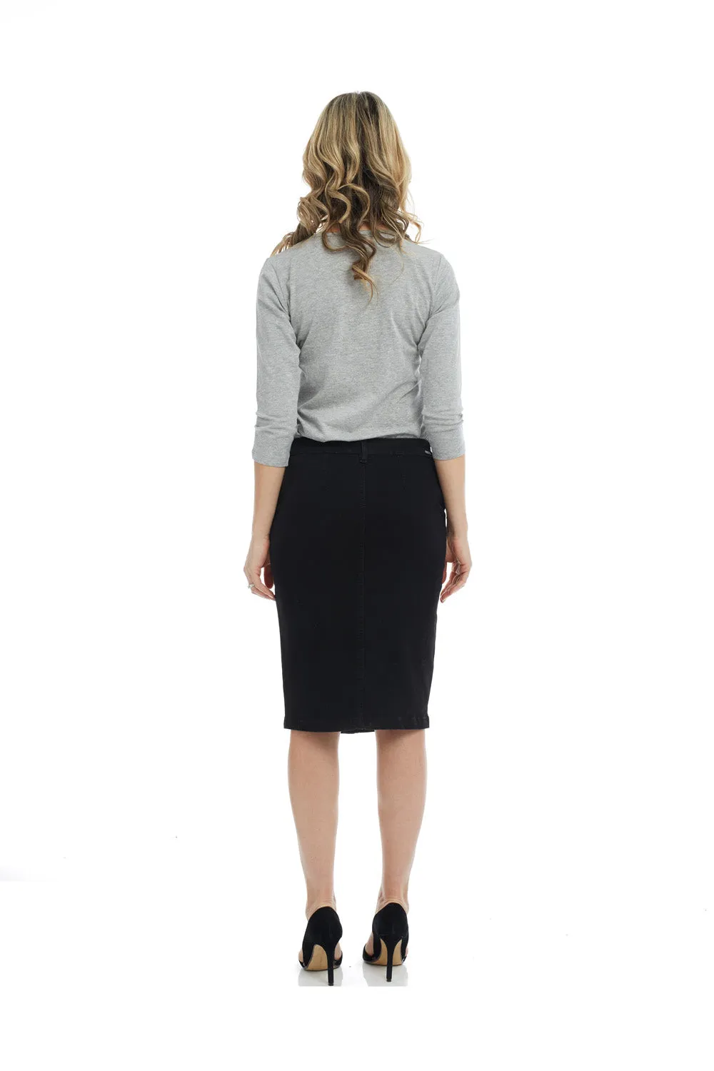 Esteez MONTREAL Denim Skirt - Below the Knee Jean Skirt - BLACK