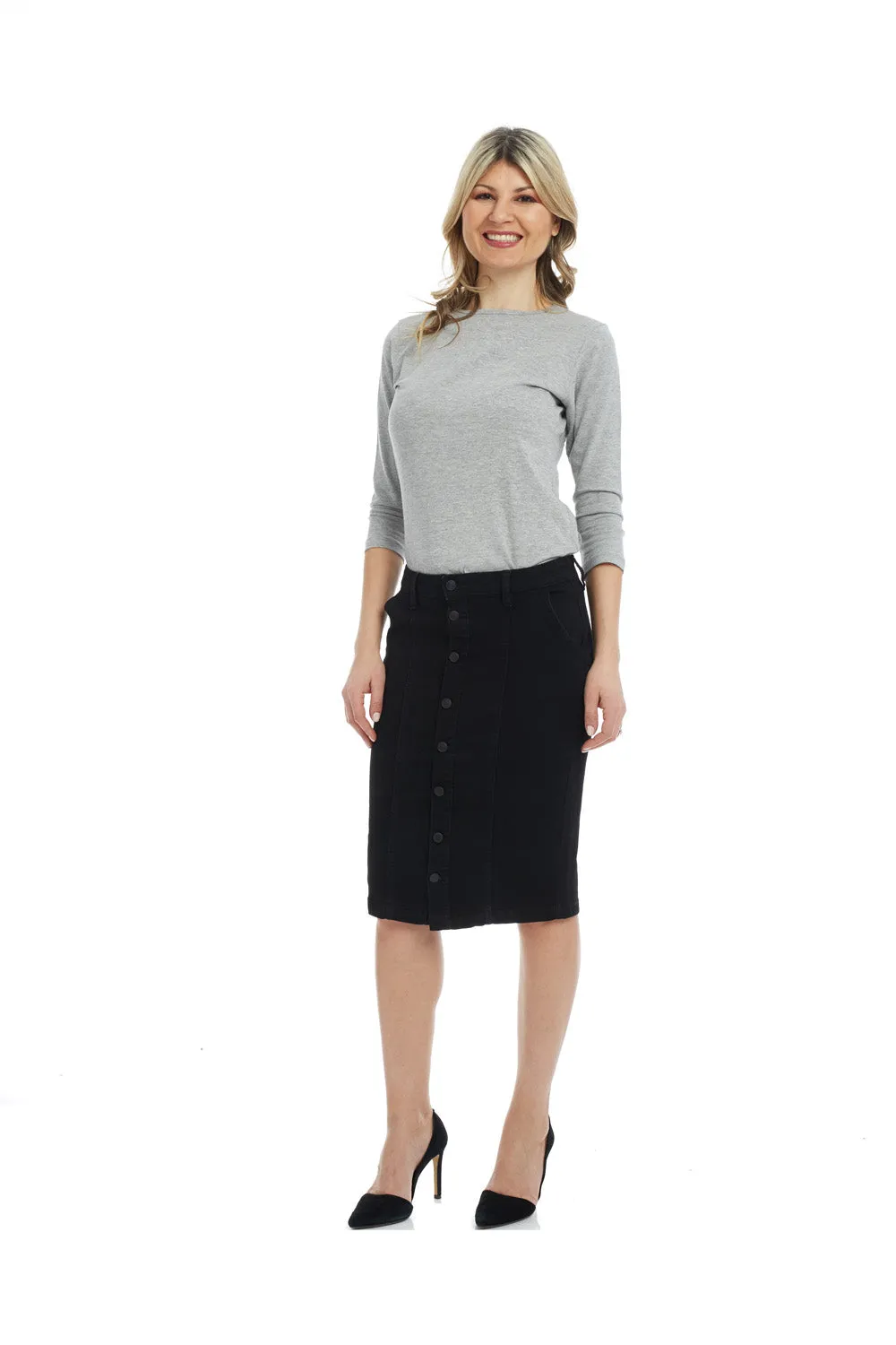 Esteez MONTREAL Denim Skirt - Below the Knee Jean Skirt - BLACK