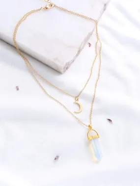 Fashion Gold Crystal And Crescent Pendant Layered Necklace