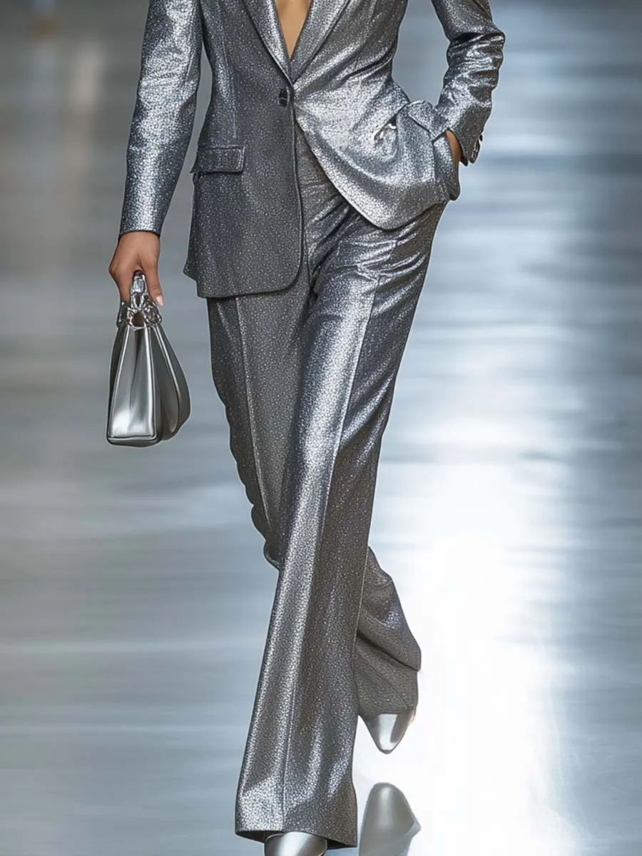 Fashionable and Capable Silver Shiny Texture Suit