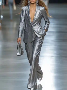 Fashionable and Capable Silver Shiny Texture Suit