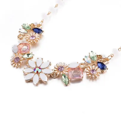 Fathion Zinc Alloy E-Plating Diamante Flowers Necklace