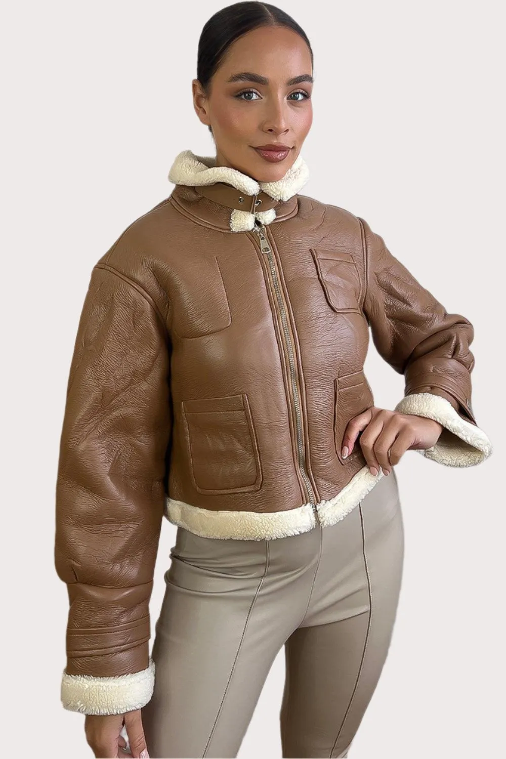 Faux Shearling Leather Aviator Jacket