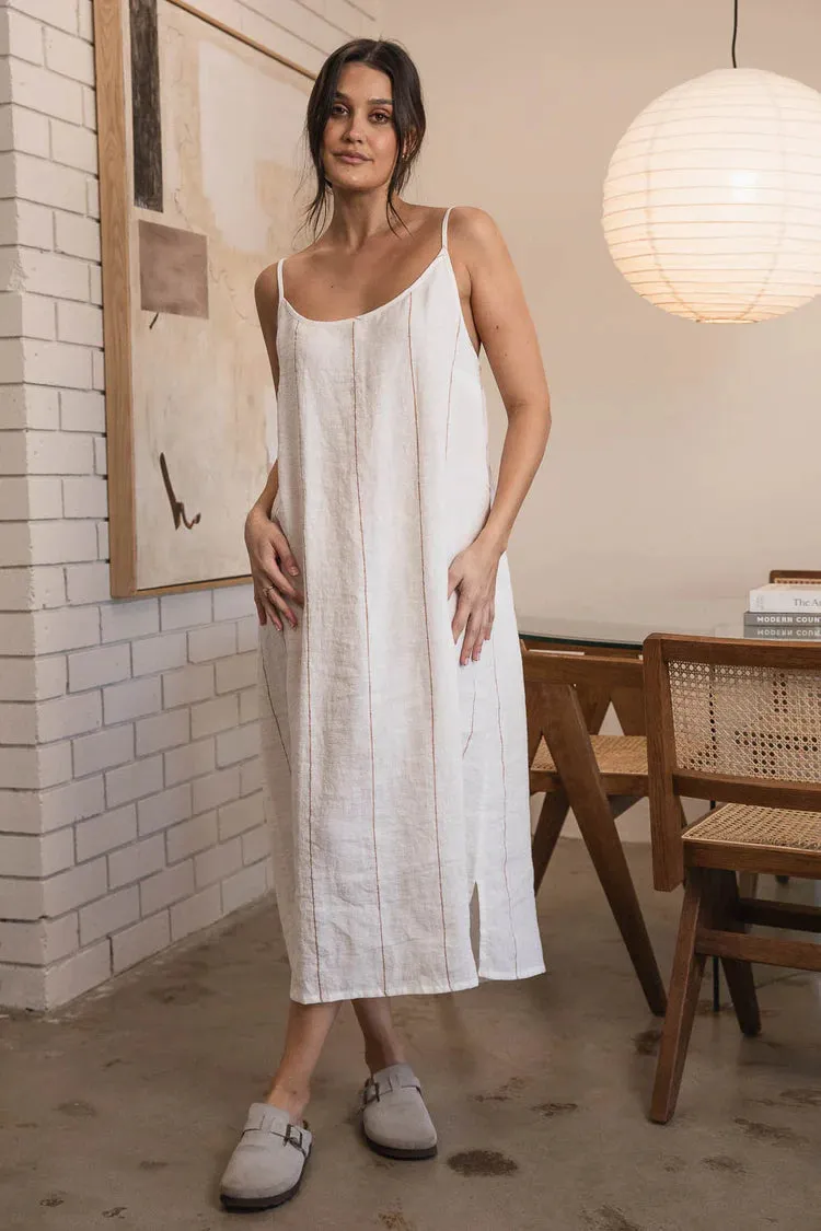 Fundamental Linen Midi Linen Dress - White w Nutmeg Fine Stripe