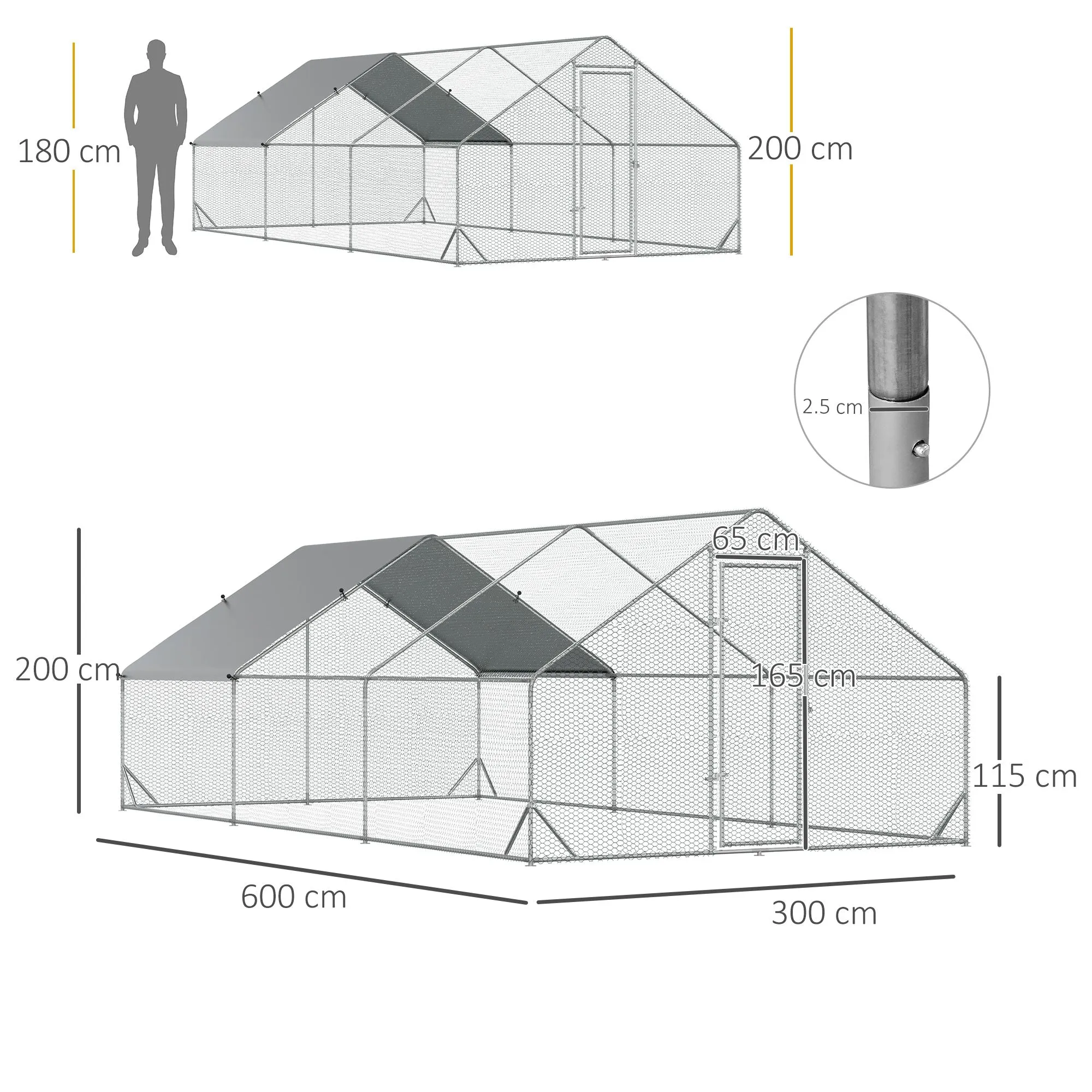 Galvanised Walk In Chicken Run w/ Cover 6 x 3 x 2m Silver