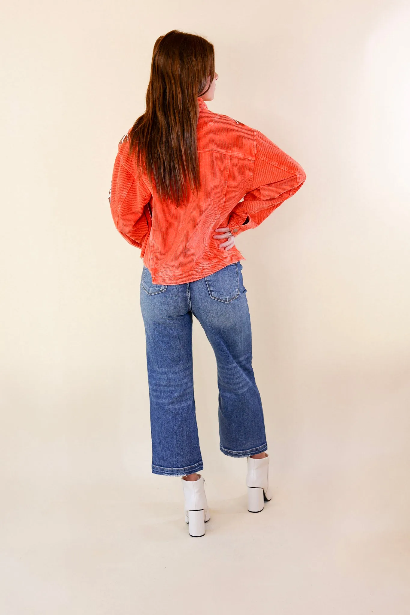 Gameday Ready Corduroy Shacket with Sequin Football Patches in Orange