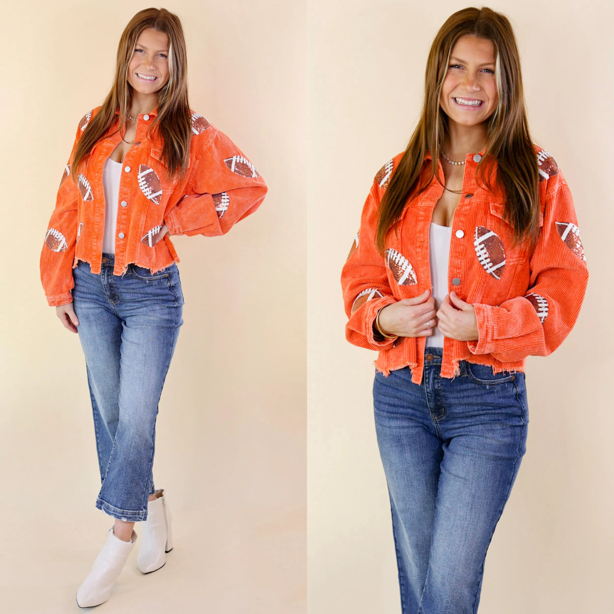 Gameday Ready Corduroy Shacket with Sequin Football Patches in Orange