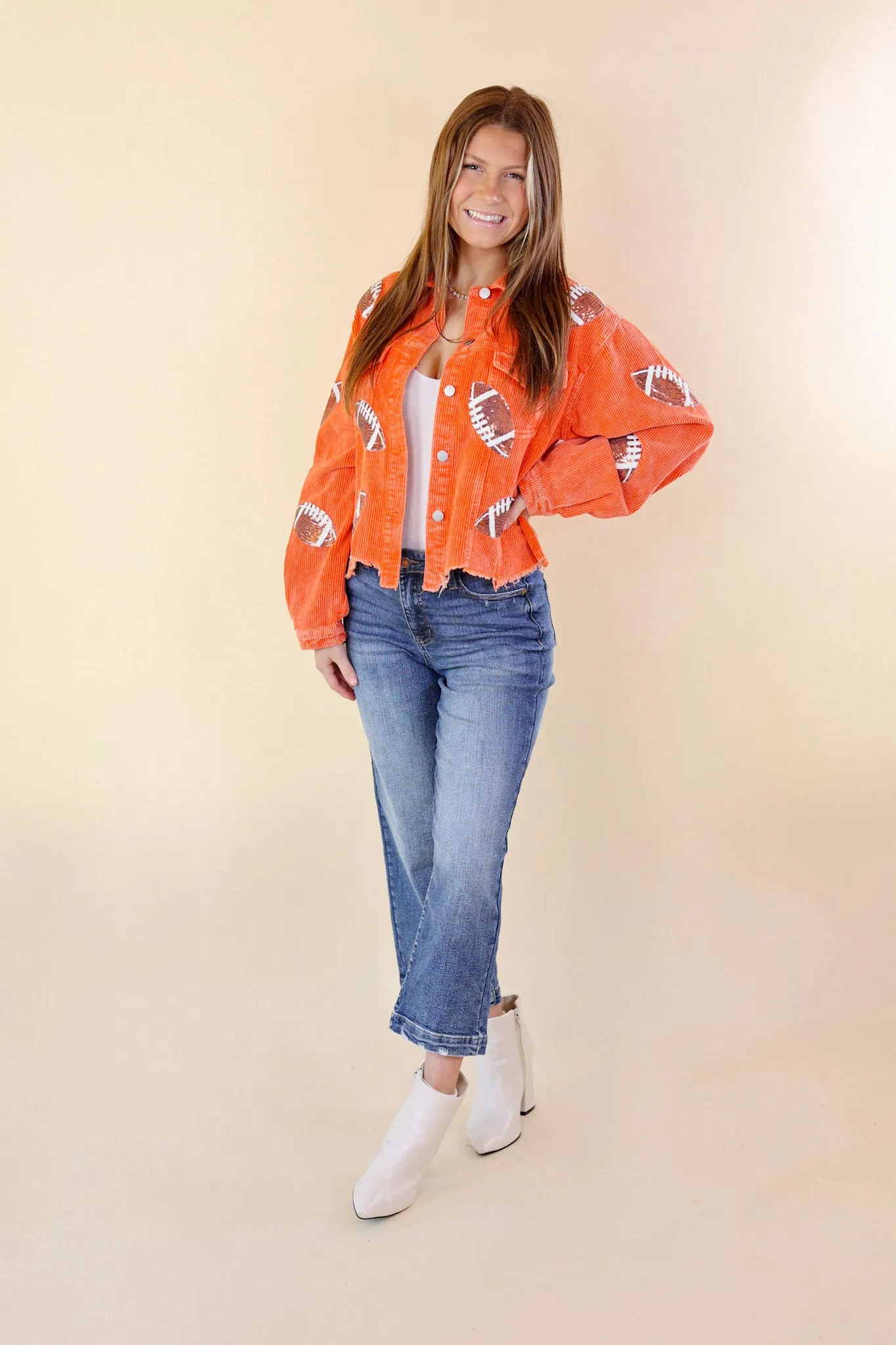 Gameday Ready Corduroy Shacket with Sequin Football Patches in Orange