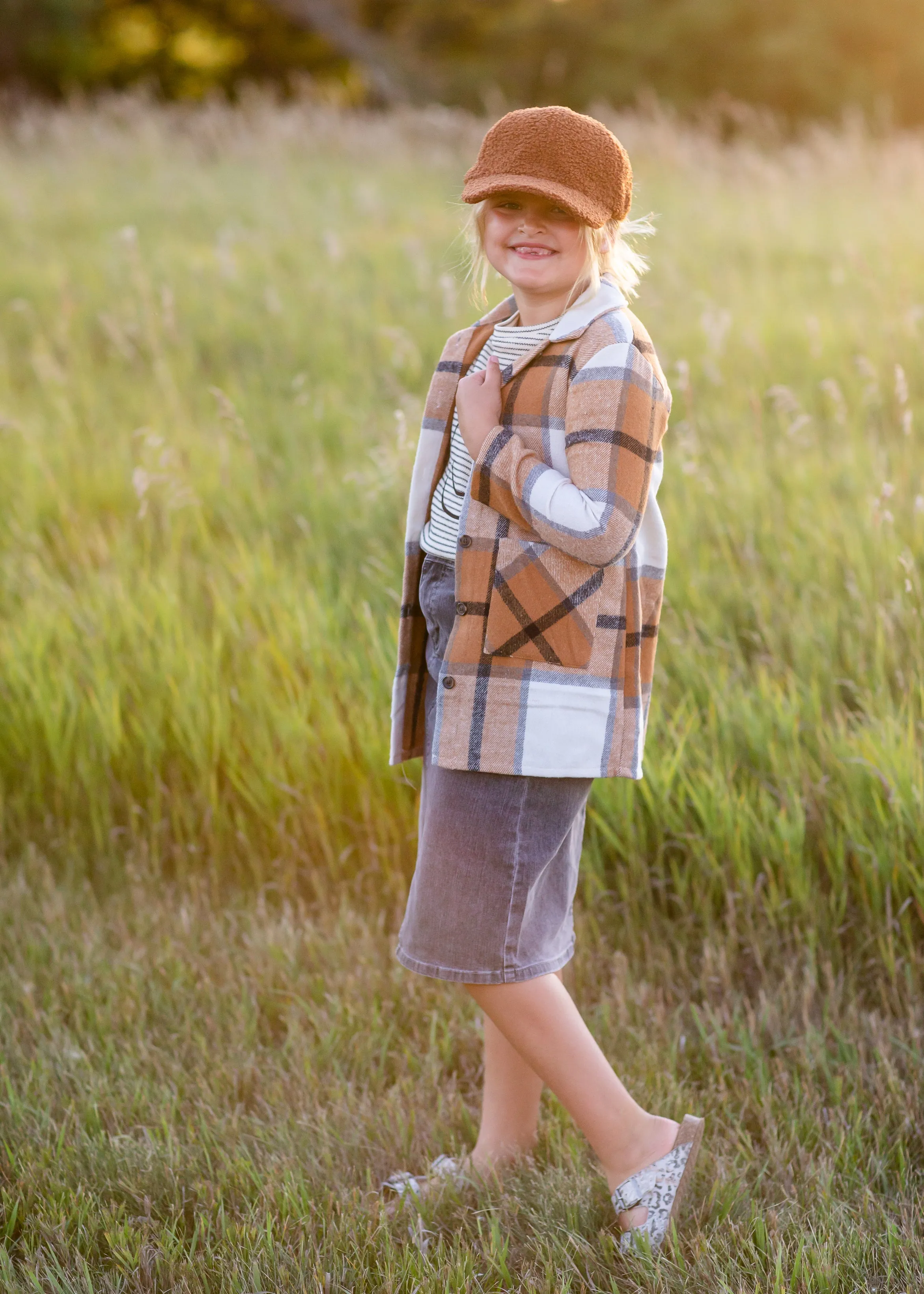 Girls Camel Plaid Shacket - FINAL SALE