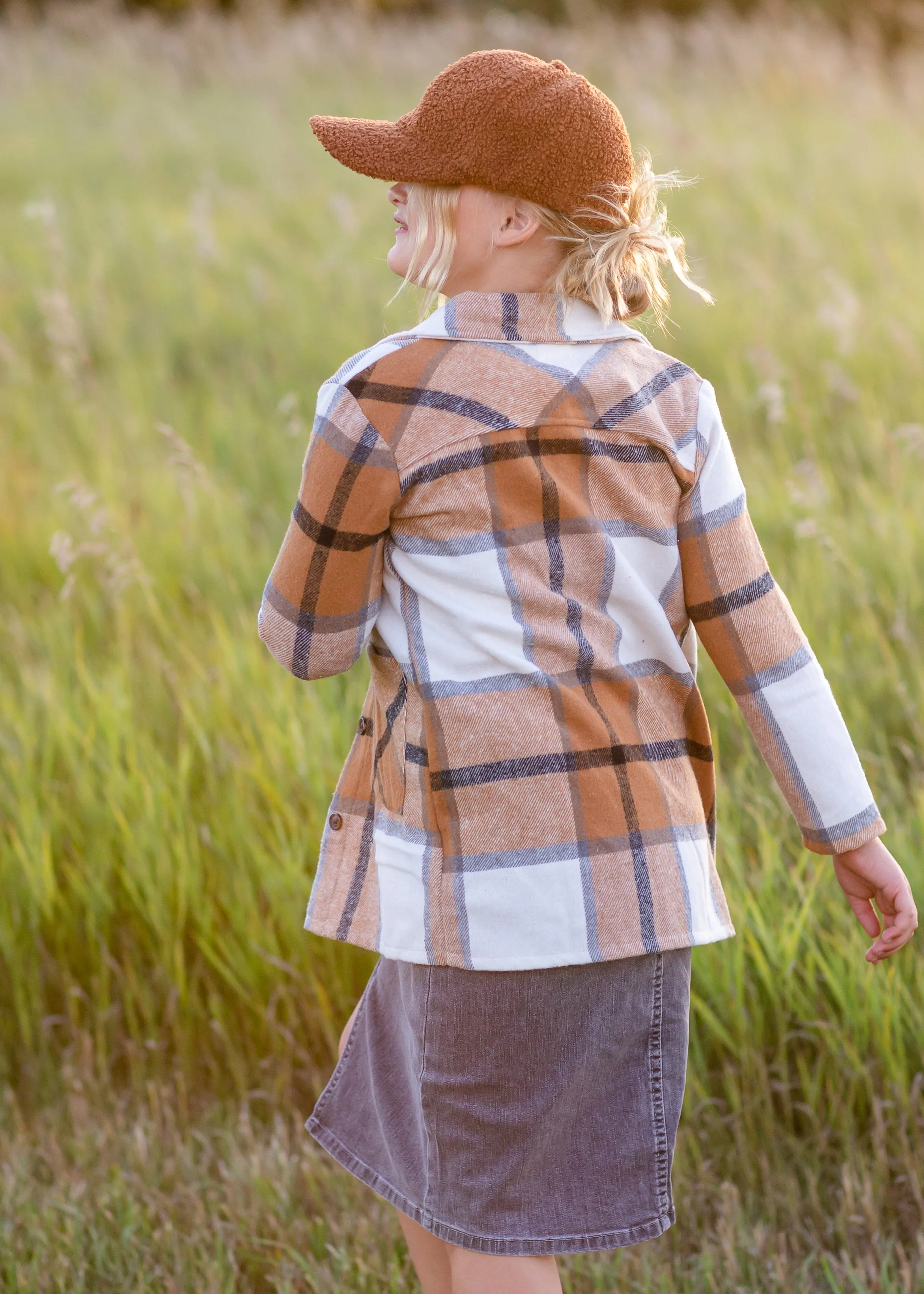 Girls Camel Plaid Shacket - FINAL SALE