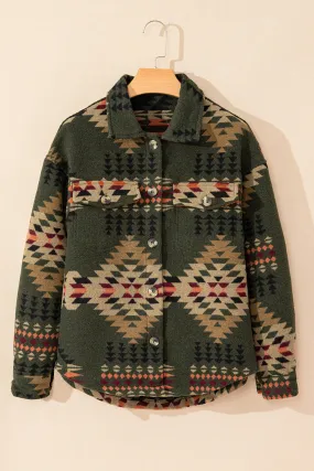 Green Aztec Print Flap Pockets Long Sleeve Shacket