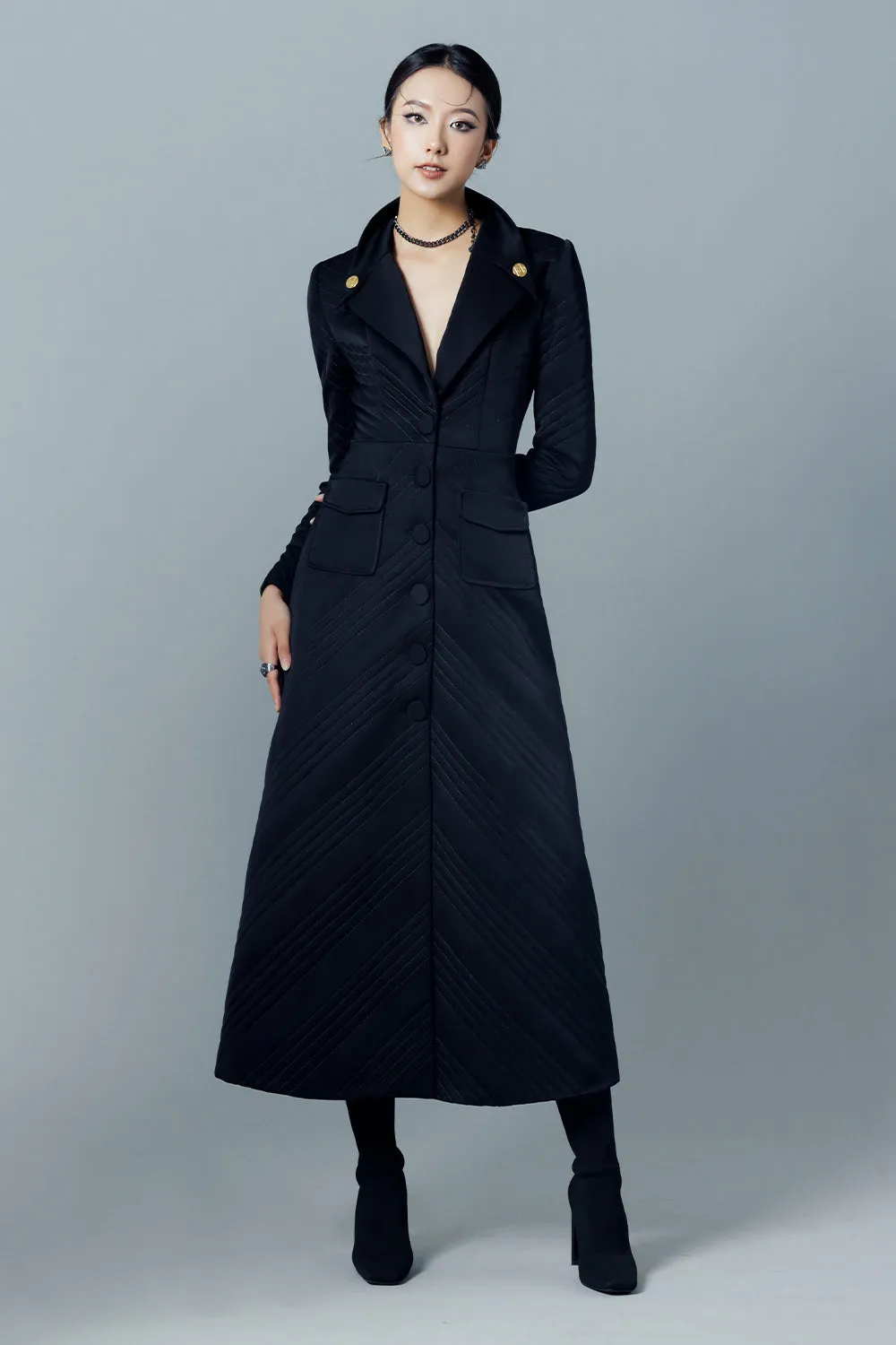 Griselda A-line Notch Lapel Taffeta Midi Trench Coat