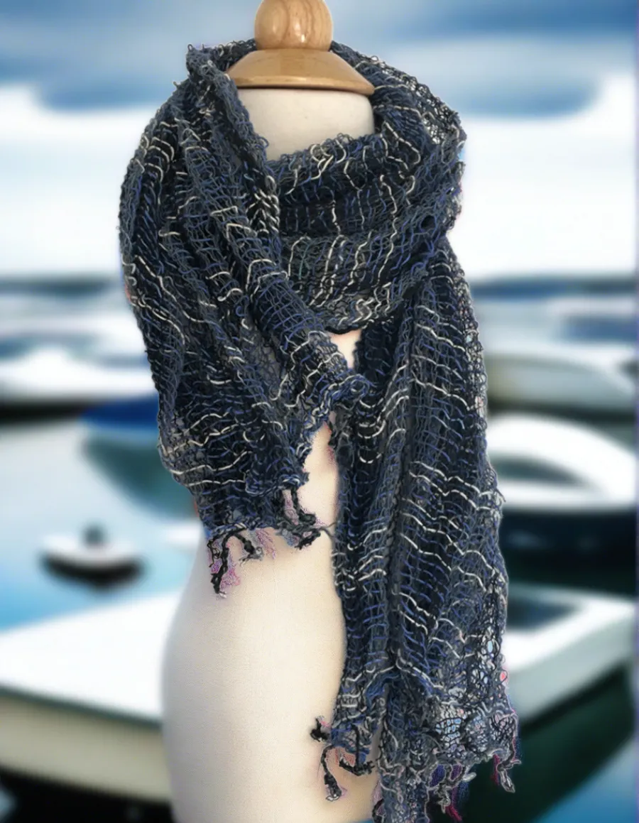 Handwoven Open Weave Cotton Scarf - Multicolor Indigo/White/Black