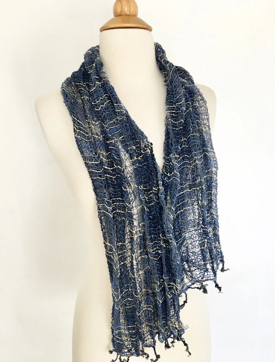 Handwoven Open Weave Cotton Scarf - Multicolor Indigo/White/Black