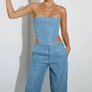 Hilda Sequin Destroyed Zipper Tube Top And High Waist Straight Leg Pants Set