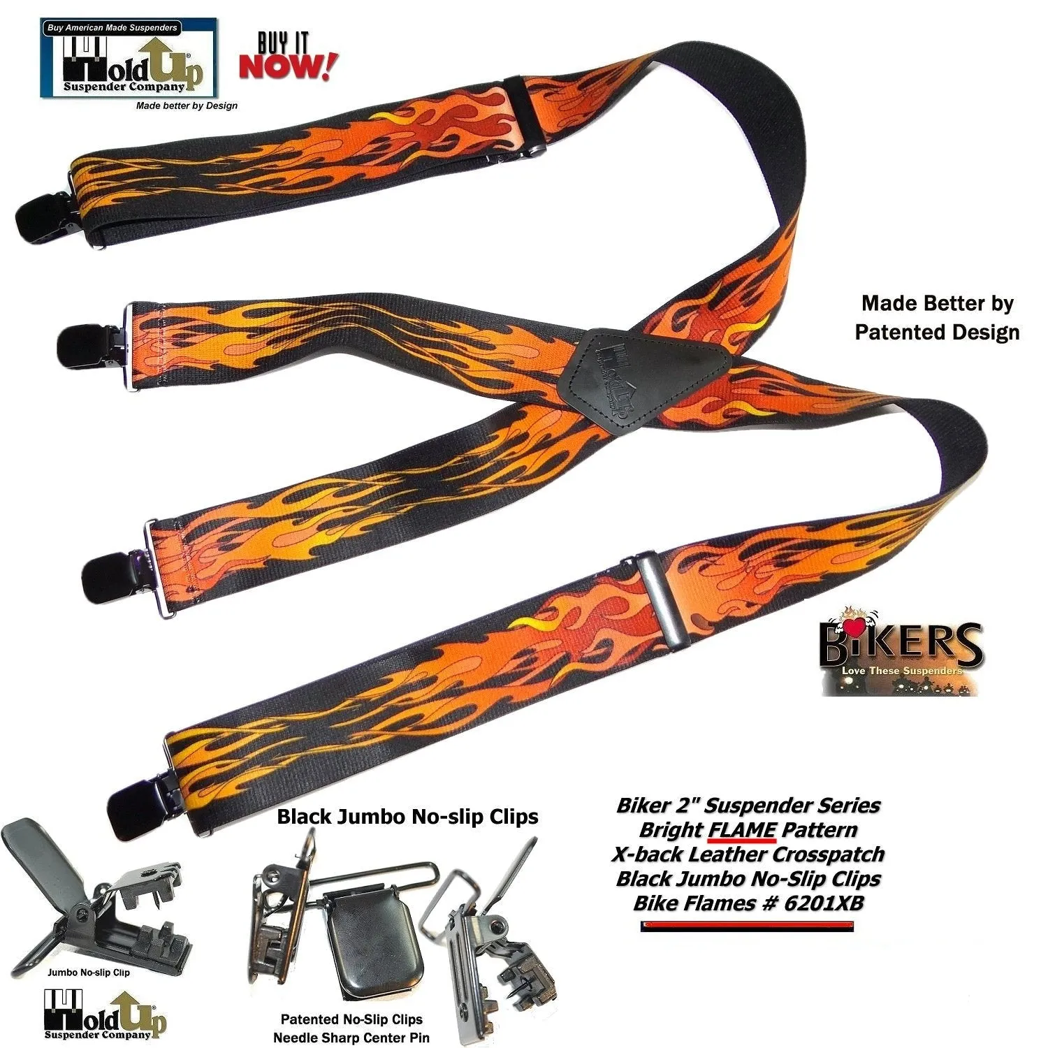 Hold-Ups Flame Pattern 2" wide Biker Suspenders with USA Patented Jumbo no-slip Clips