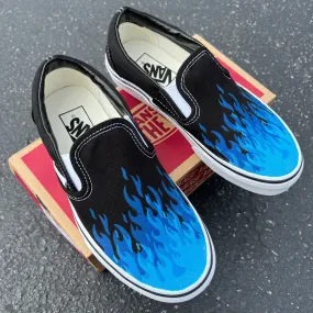 Hot Blue Flame Shoes - Custom Vans Black Slip On Shoes