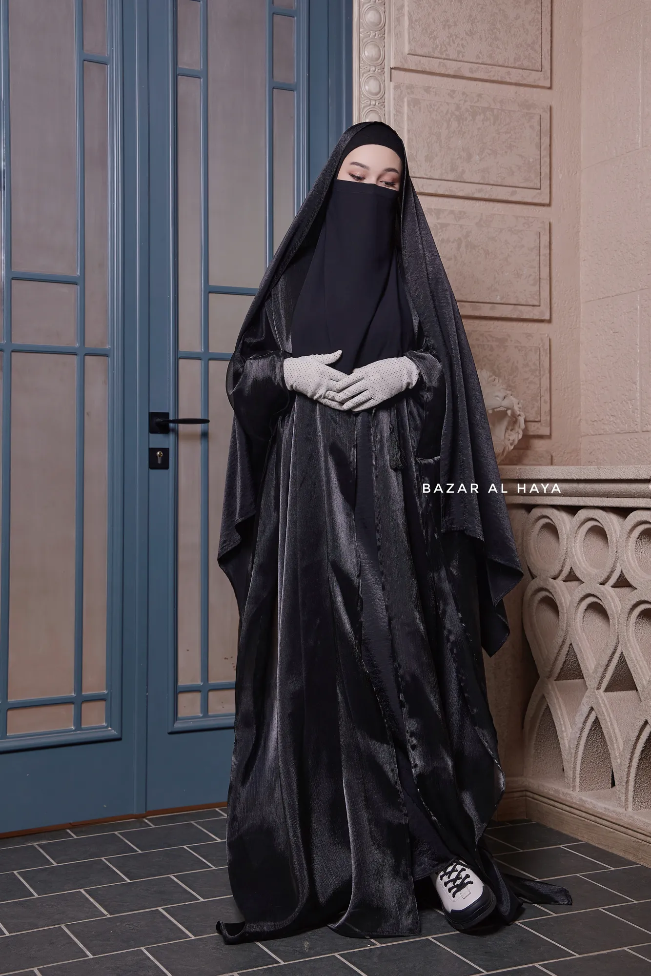 Humaira 3 Piece Abaya Set In Black Organza Luxurious Kaftan With Inner Dress Scarf