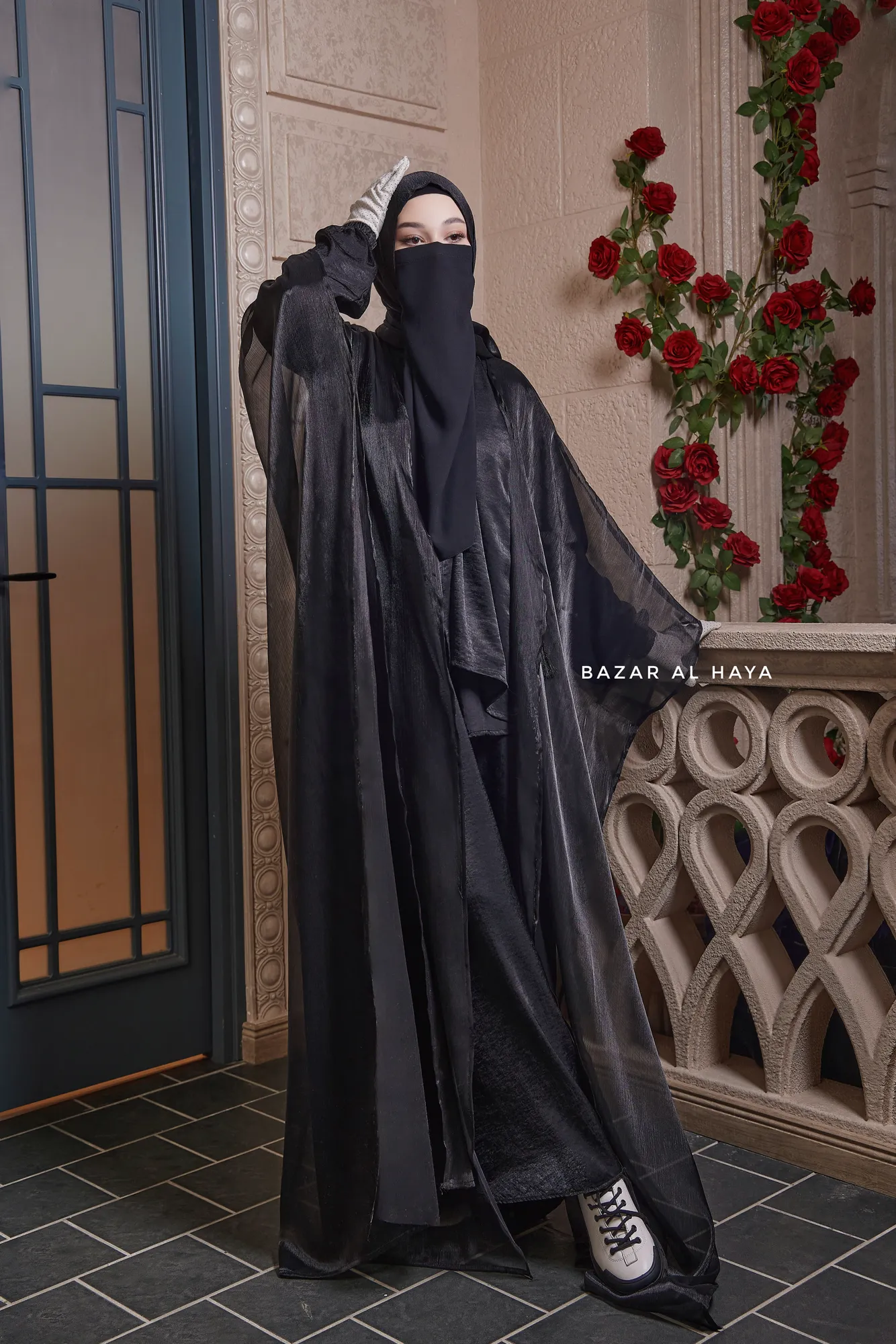 Humaira 3 Piece Abaya Set In Black Organza Luxurious Kaftan With Inner Dress Scarf