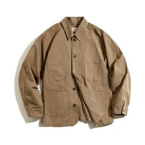 Ilooove - Men's Thickened Vintage Canvas Jackets With Paris Buckle  Untility  Khaki Loose Cotton Solid Chore Coat For Fishing,Hunting,Outdoor,Work Wear