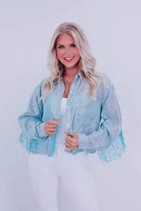 Irina Iridescent Fringe Shacket - Light Blue