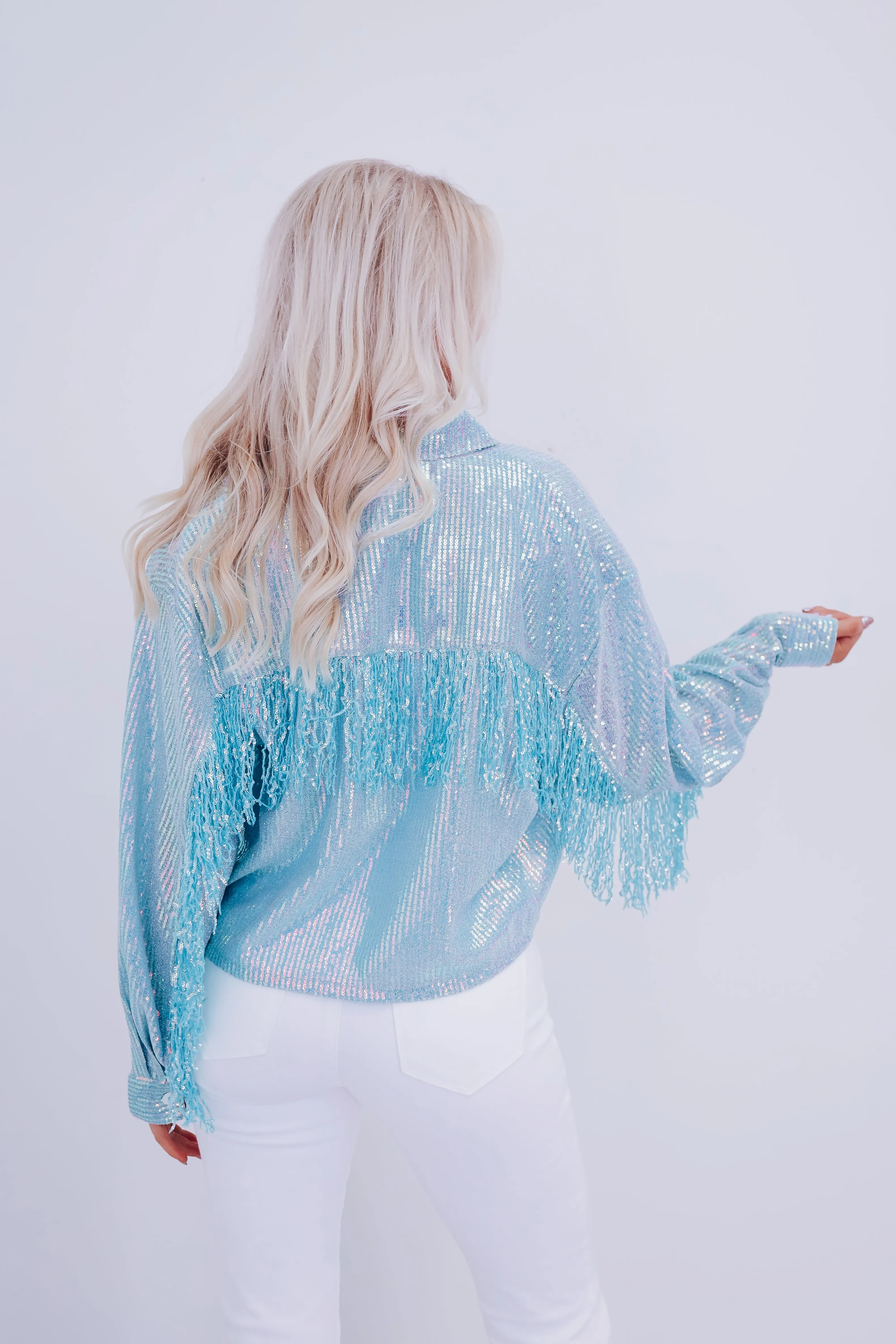 Irina Iridescent Fringe Shacket - Light Blue