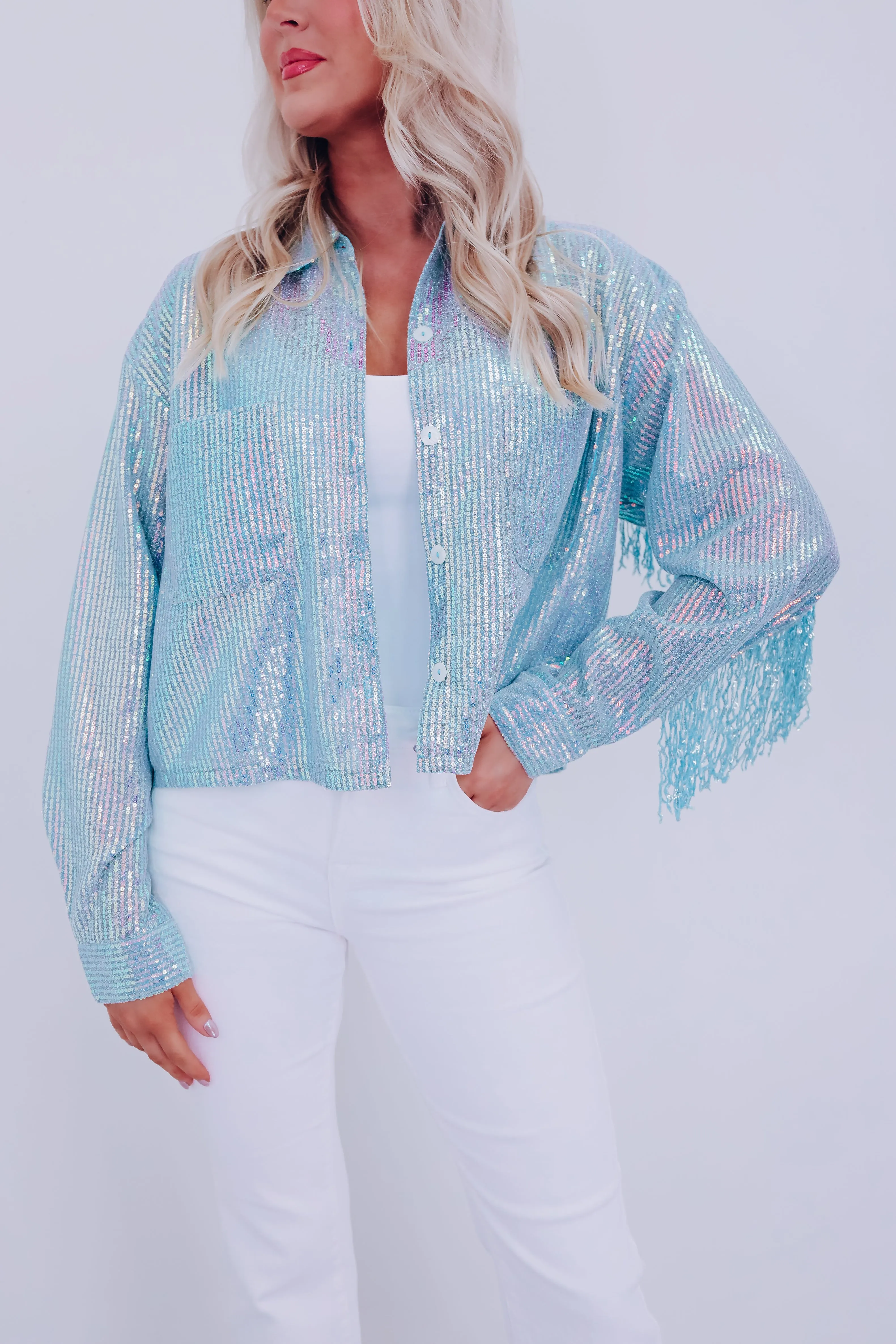 Irina Iridescent Fringe Shacket - Light Blue