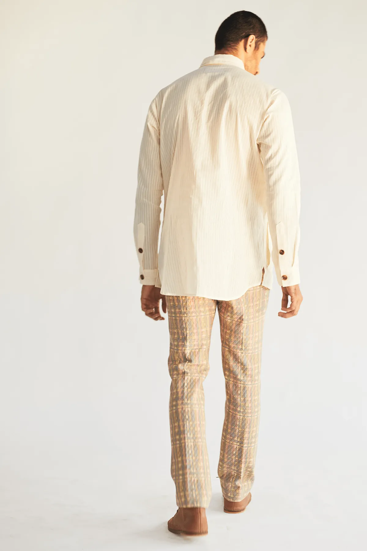 Ivory Long Shirt Jacket with Shirt and Mesh Faded Print Pants