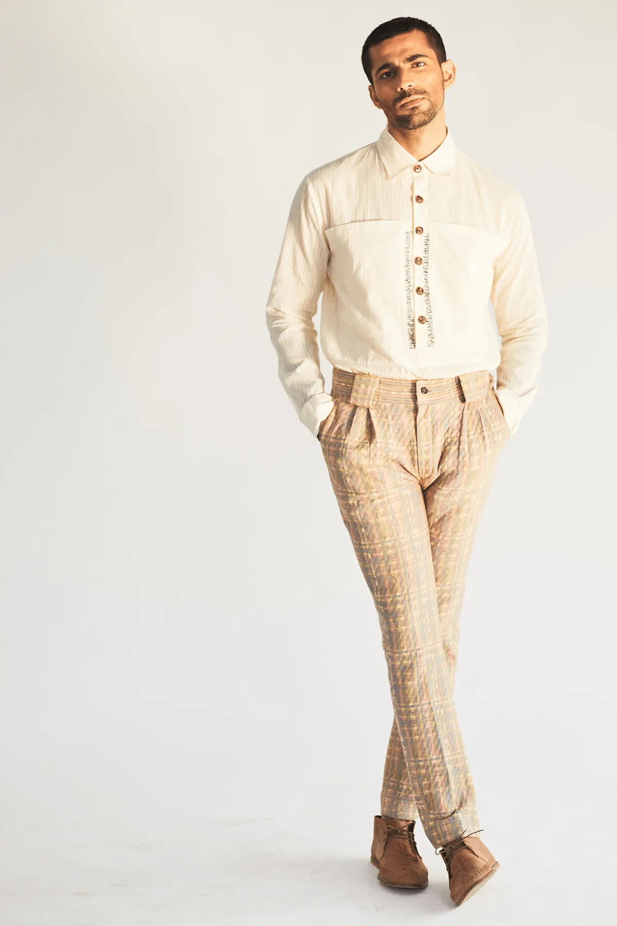 Ivory Long Shirt Jacket with Shirt and Mesh Faded Print Pants