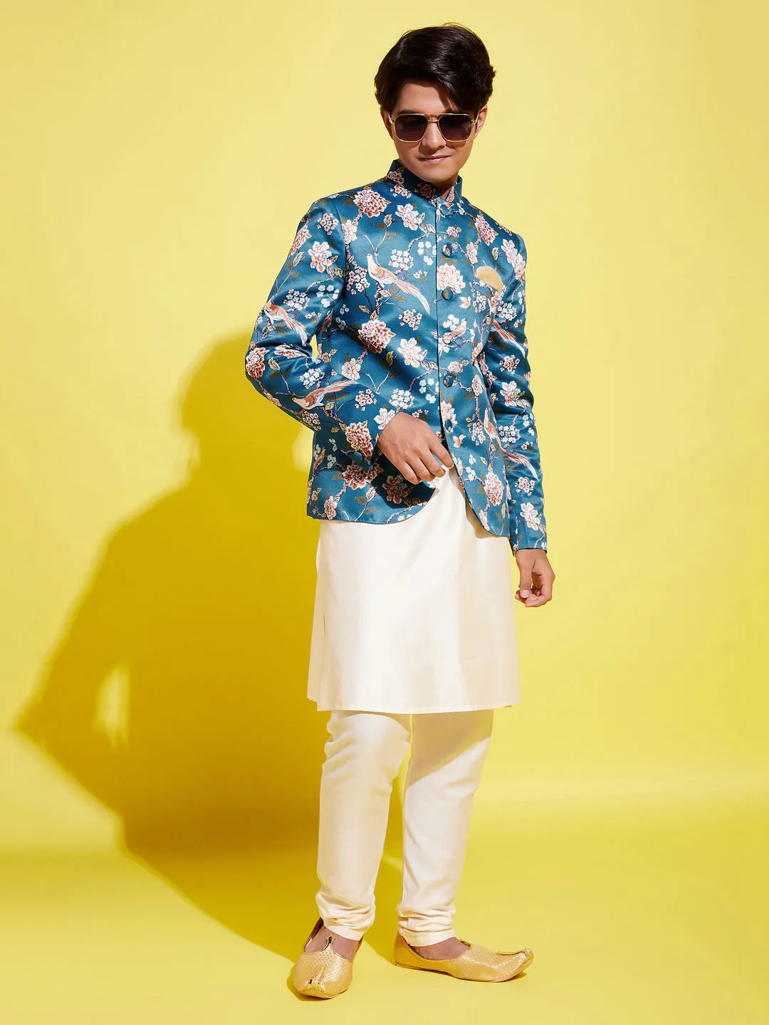 Jashvi Floral Printed Turquoise Blue Bandhgala Prince Coat Jodhpuri With Cream Kurta Pyjama Set