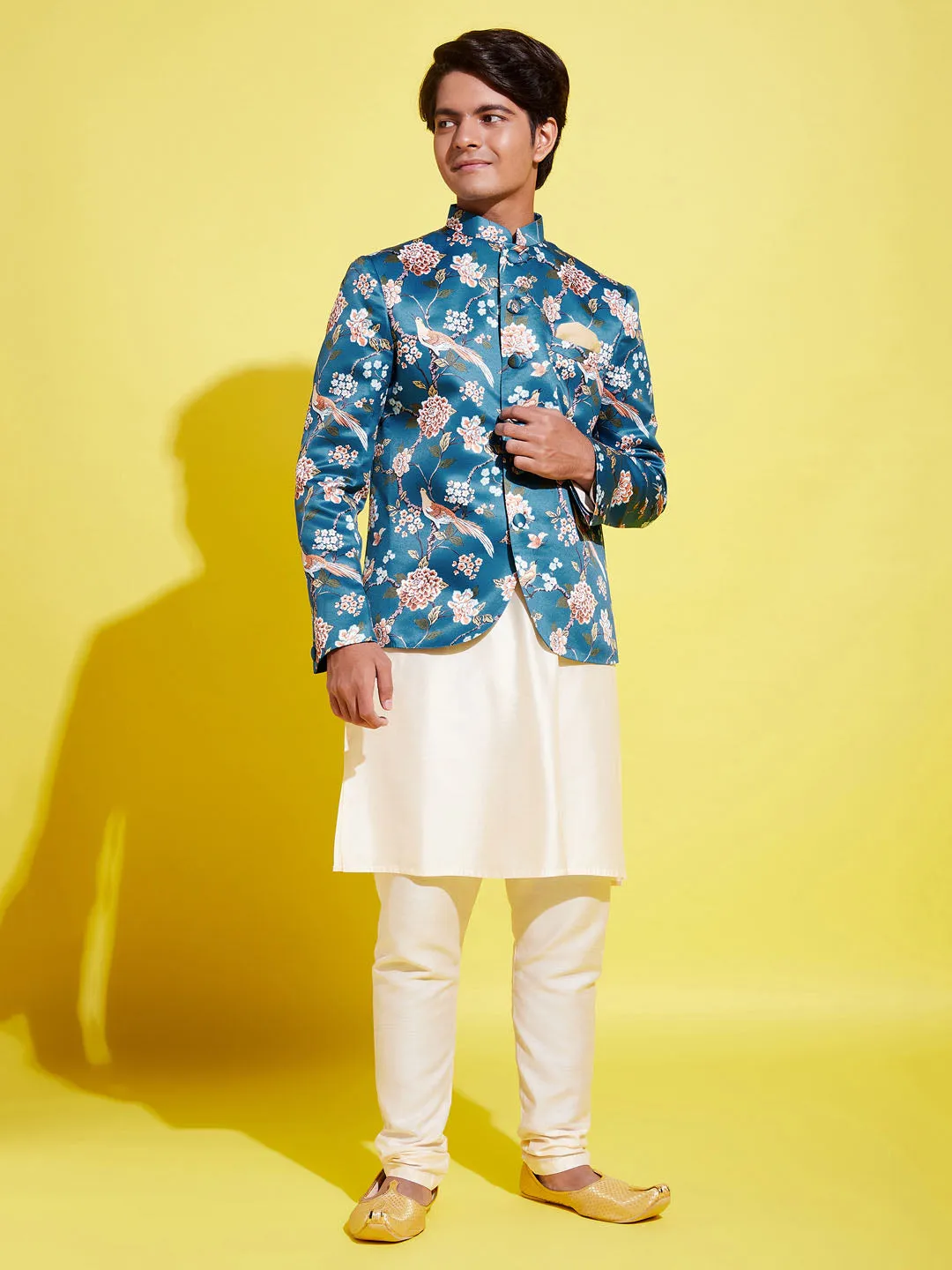 Jashvi Floral Printed Turquoise Blue Bandhgala Prince Coat Jodhpuri With Cream Kurta Pyjama Set