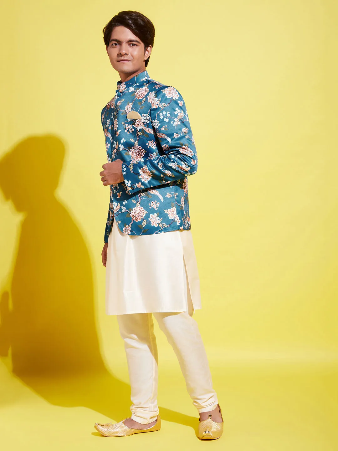 Jashvi Floral Printed Turquoise Blue Bandhgala Prince Coat Jodhpuri With Cream Kurta Pyjama Set