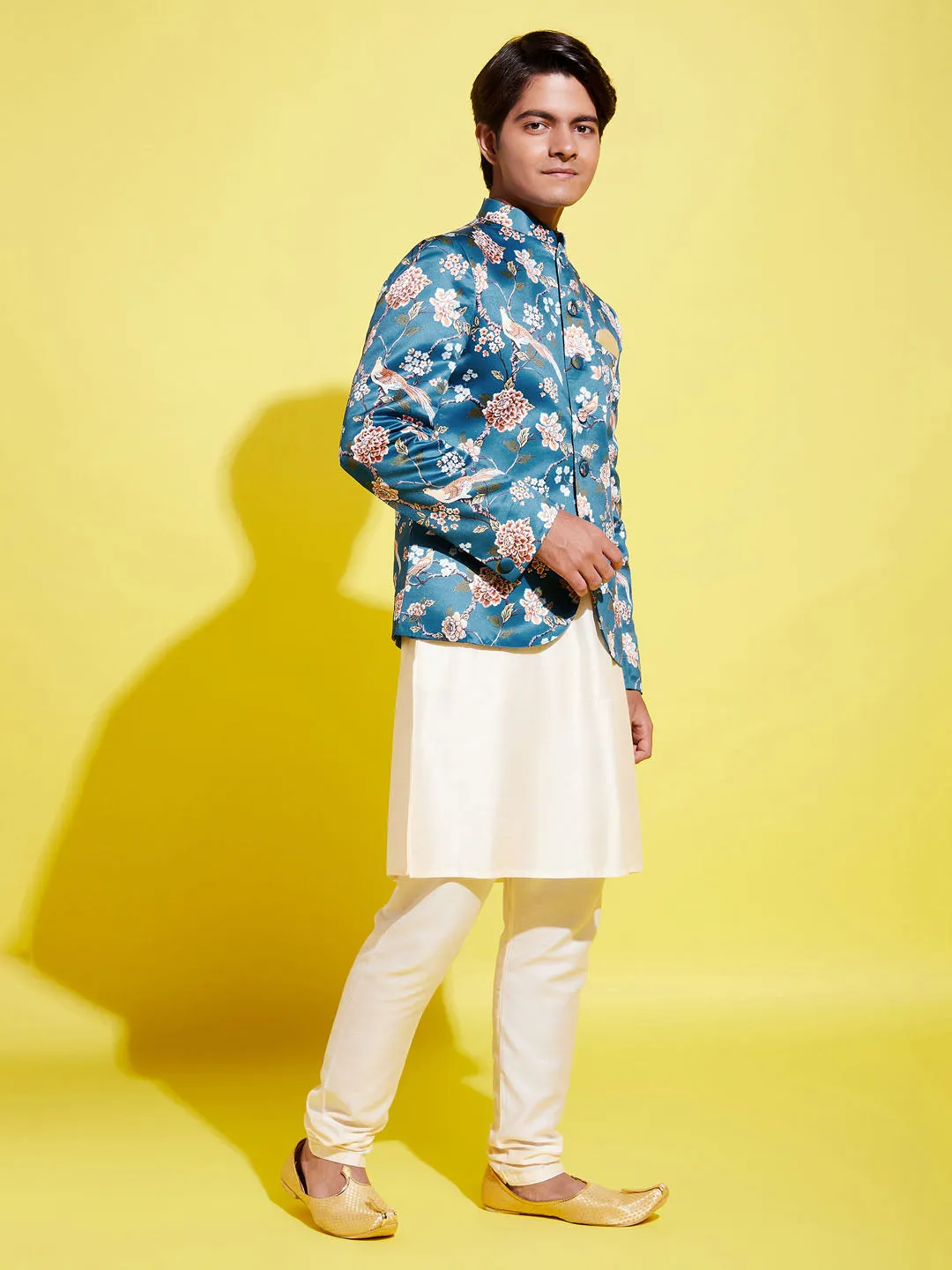 Jashvi Floral Printed Turquoise Blue Bandhgala Prince Coat Jodhpuri With Cream Kurta Pyjama Set