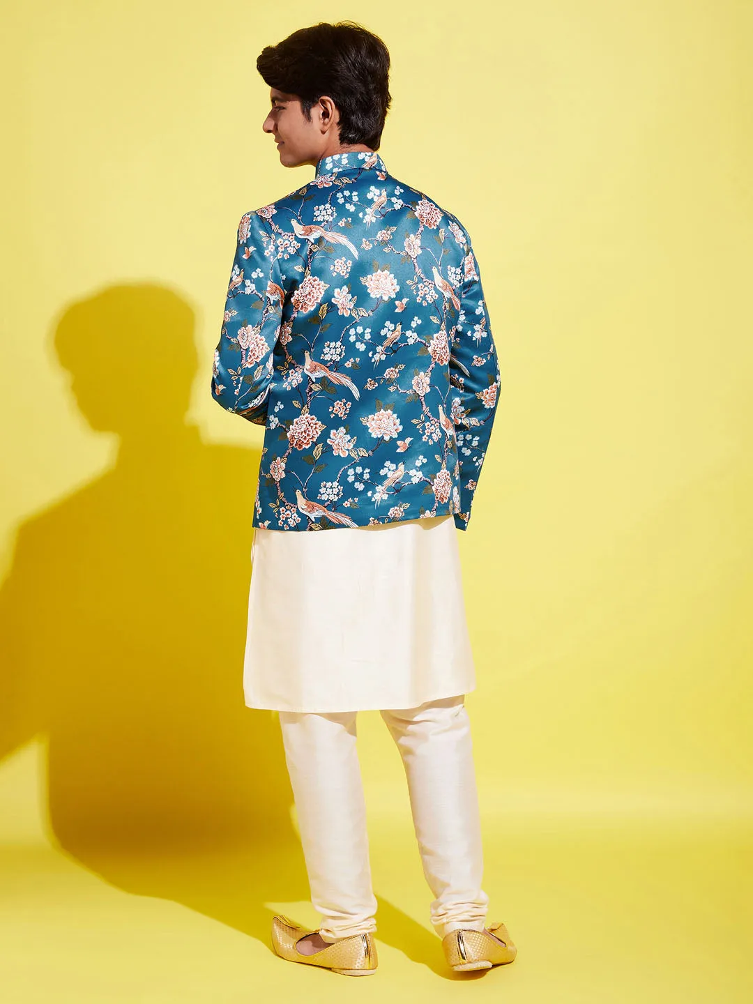 Jashvi Floral Printed Turquoise Blue Bandhgala Prince Coat Jodhpuri With Cream Kurta Pyjama Set