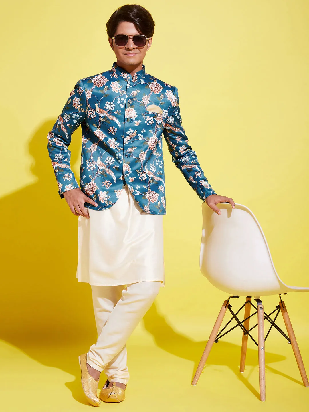 Jashvi Floral Printed Turquoise Blue Bandhgala Prince Coat Jodhpuri With Cream Kurta Pyjama Set