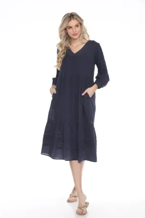 Johnny Was Calme Navy Tiered Pintuck Midi Dress O31120