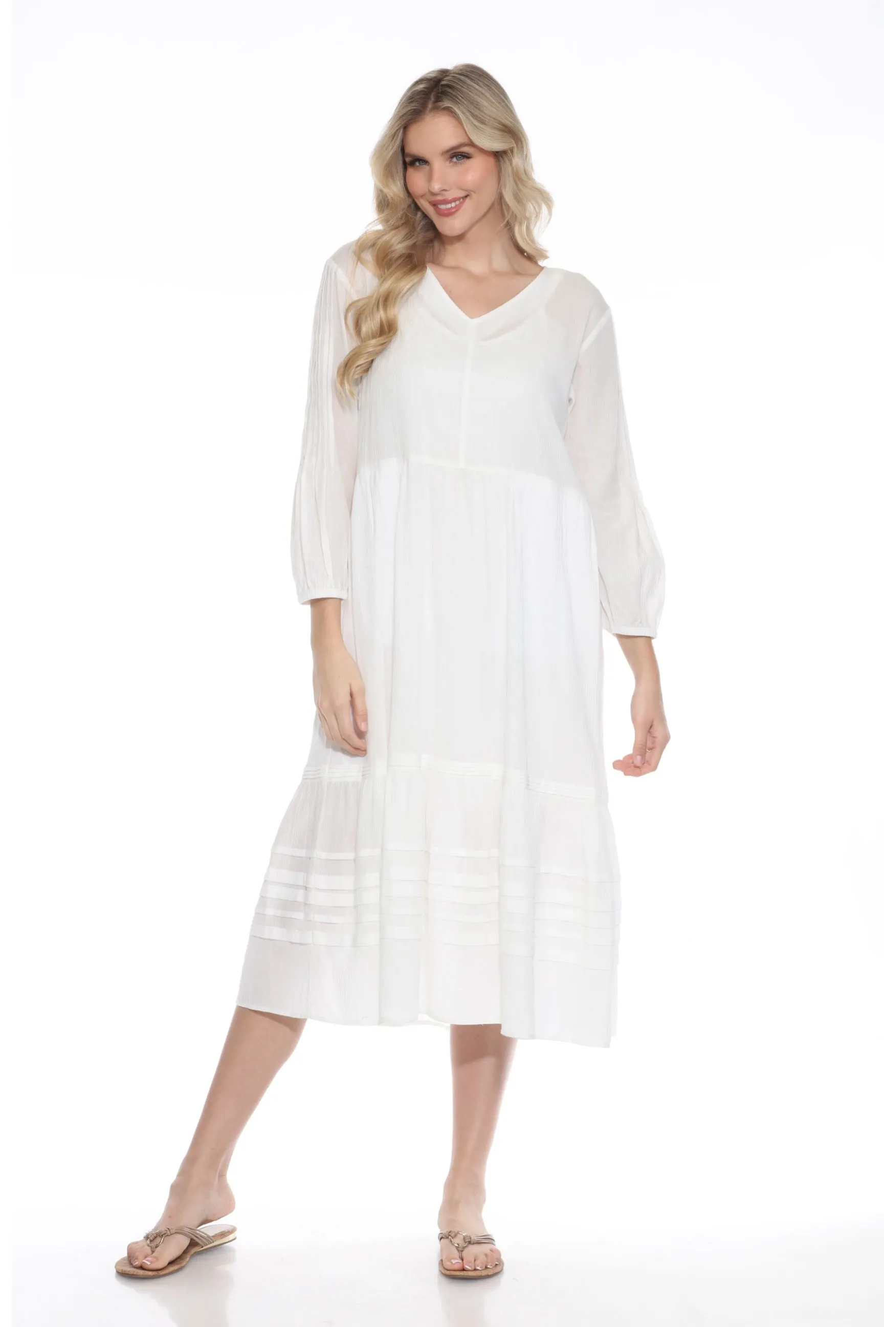 Johnny Was Calme White Tiered Pintuck Midi Dress C00023