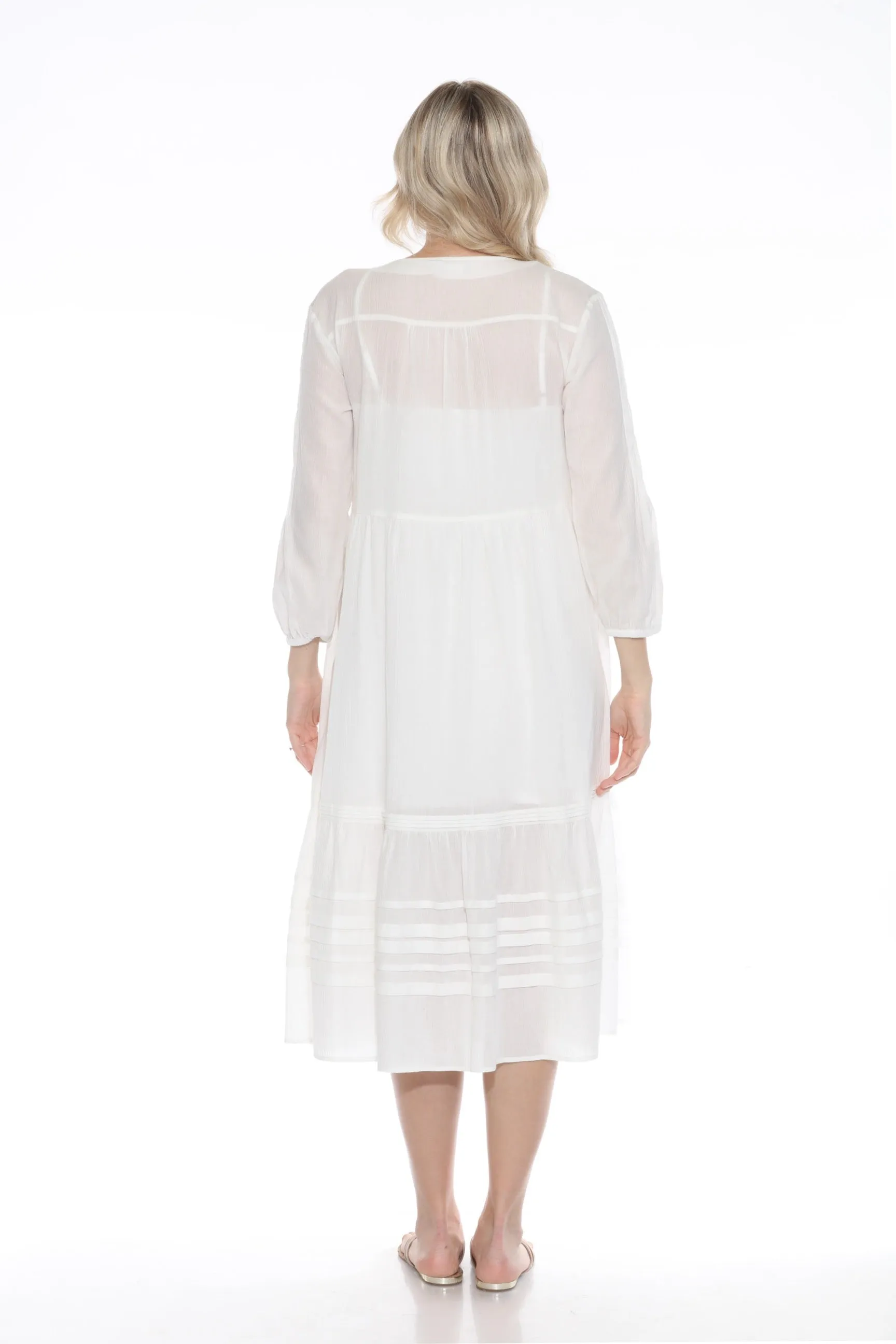 Johnny Was Calme White Tiered Pintuck Midi Dress C00023