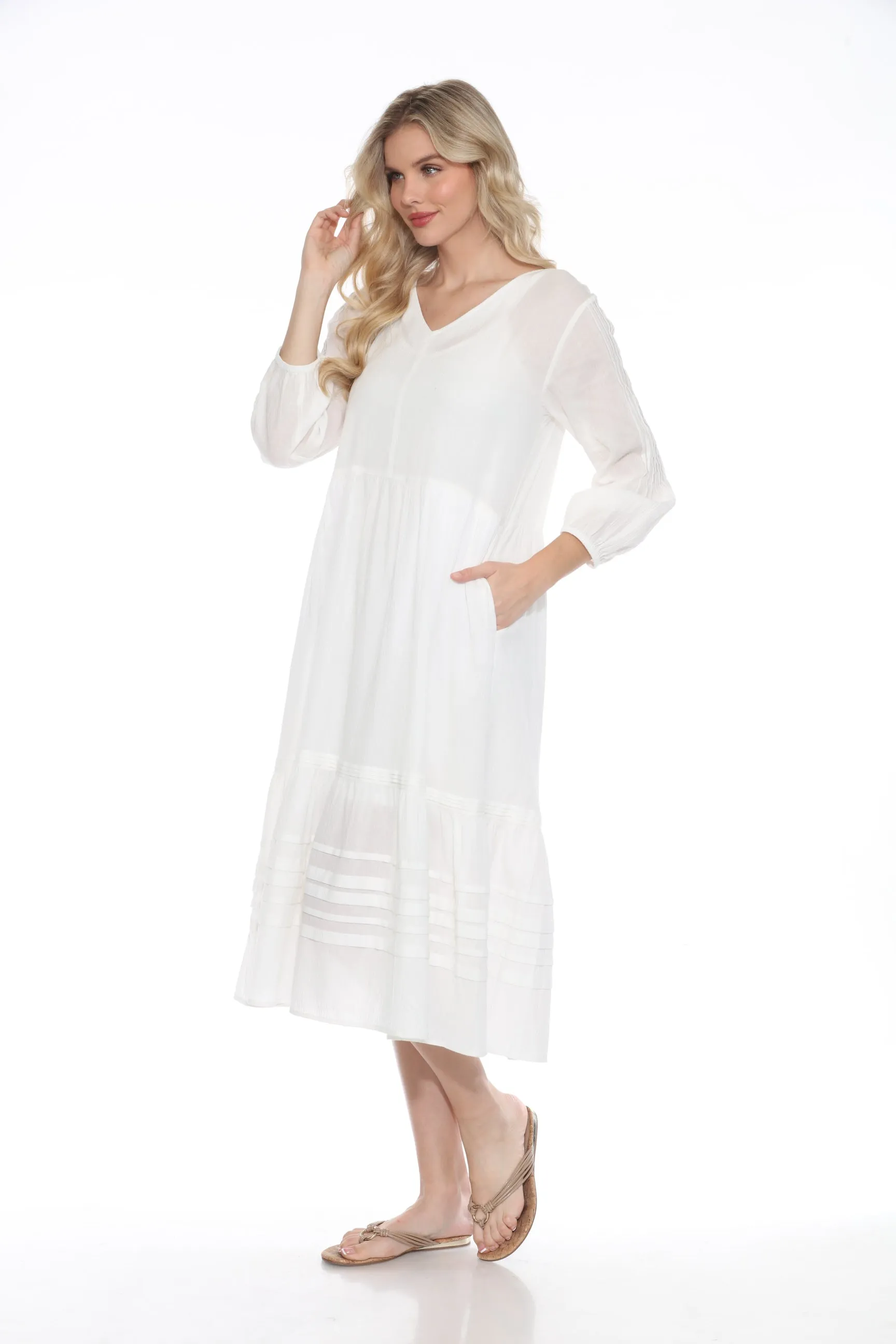 Johnny Was Calme White Tiered Pintuck Midi Dress C00023