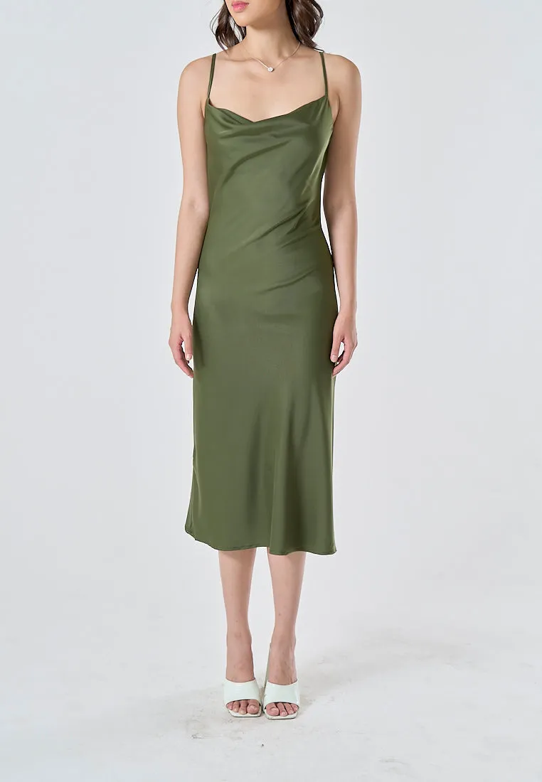 Kailani Olive Green Cowl Neck Sleeveless Adjustable Strap Slip Midi Dress